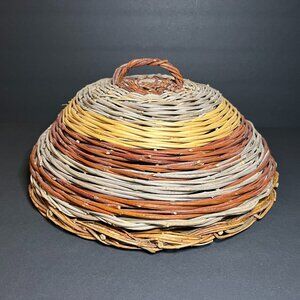 Woven Wicker Rattan Multi-Color Striped Food Cover w/ Base & Handle 13 x 6"